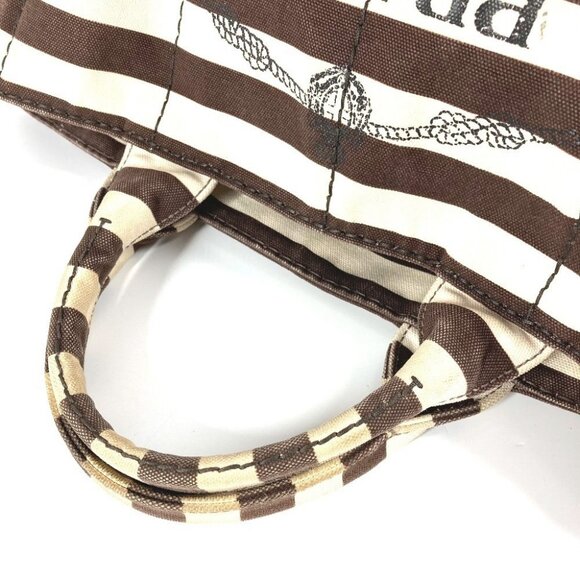 PRADA Canapa logo border Bag Tote Bag Hand Bag Canvas Brown/White - Picture 9 of 15